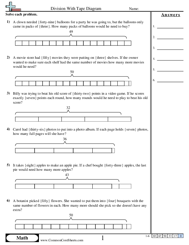 Division With Tape Diagram worksheet